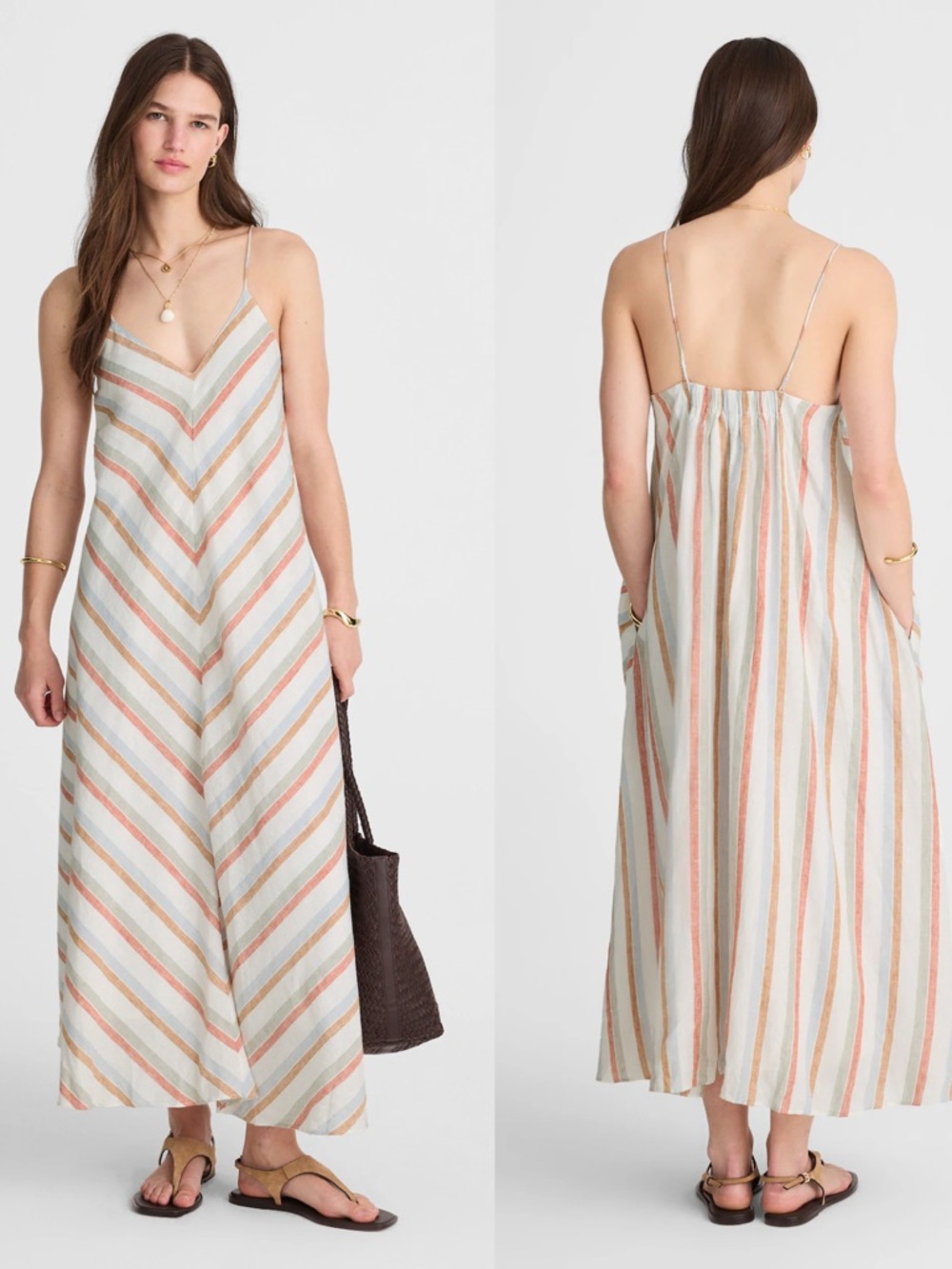 NWT $158 Madewell Striped VNeck Midi Dress in 100% Linen Pocket brown stripe
